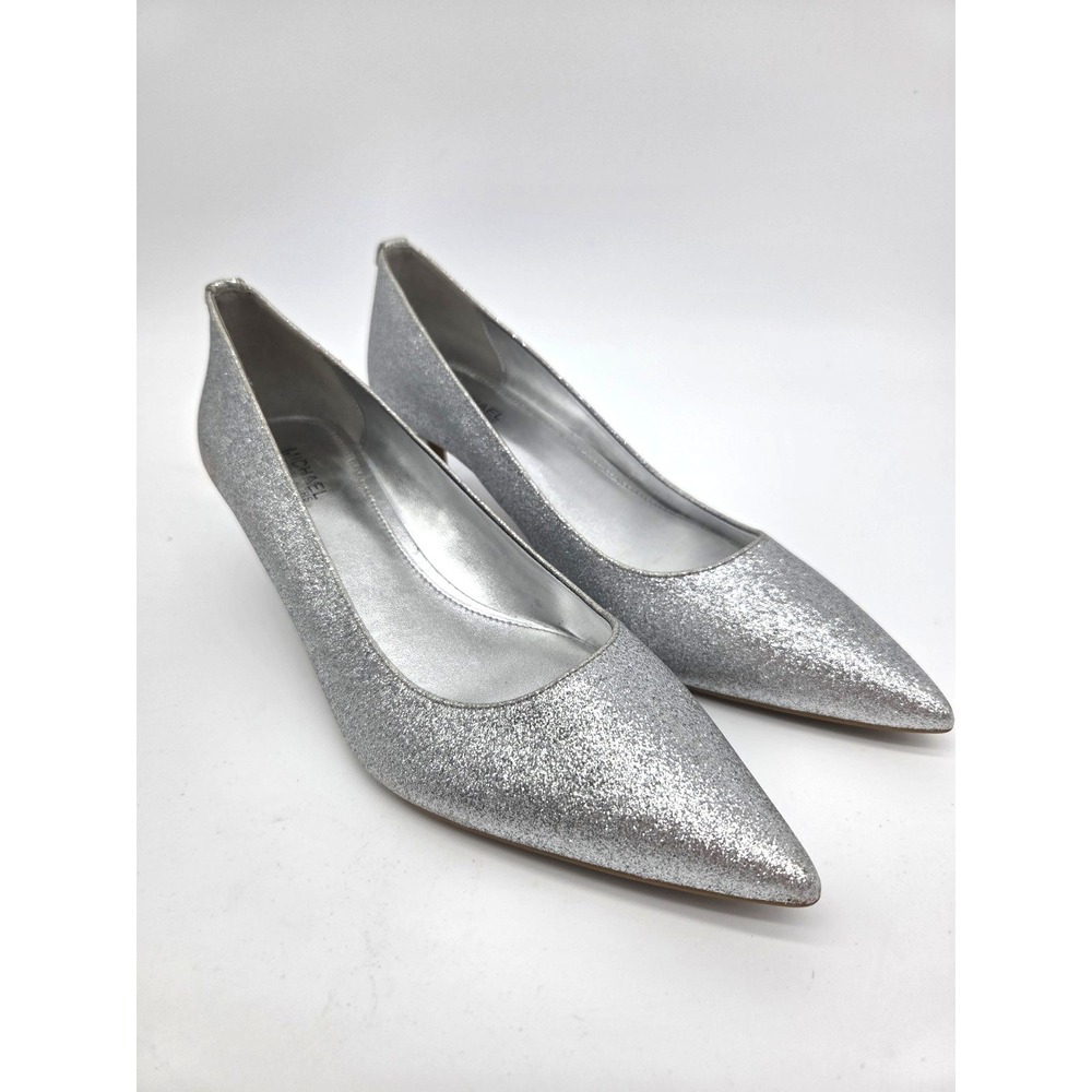 MICHAEL KORS Women's Sara Flex Kitten Heels Pumps Silver Sparkly Shoes Size 7.5